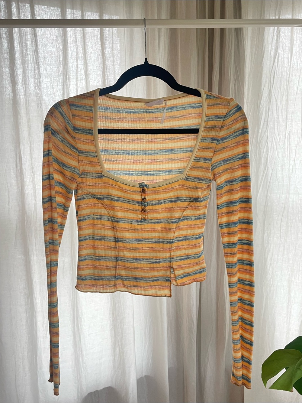 Urban Outfitters out from under Yellow Striped Scoop Neck Long Sleeve Crop Top